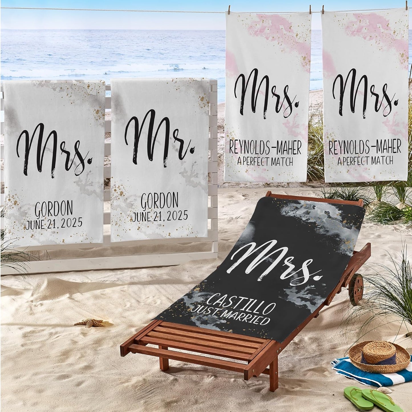 Let's Make Memories Personalized Beach Towel Set - Just Married - for Couples, for Newlyweds - Mr. & Mrs., Mr. & Mr. or Mrs. & Mrs. - Customize Message - Standard Size - Set of 2 - Black