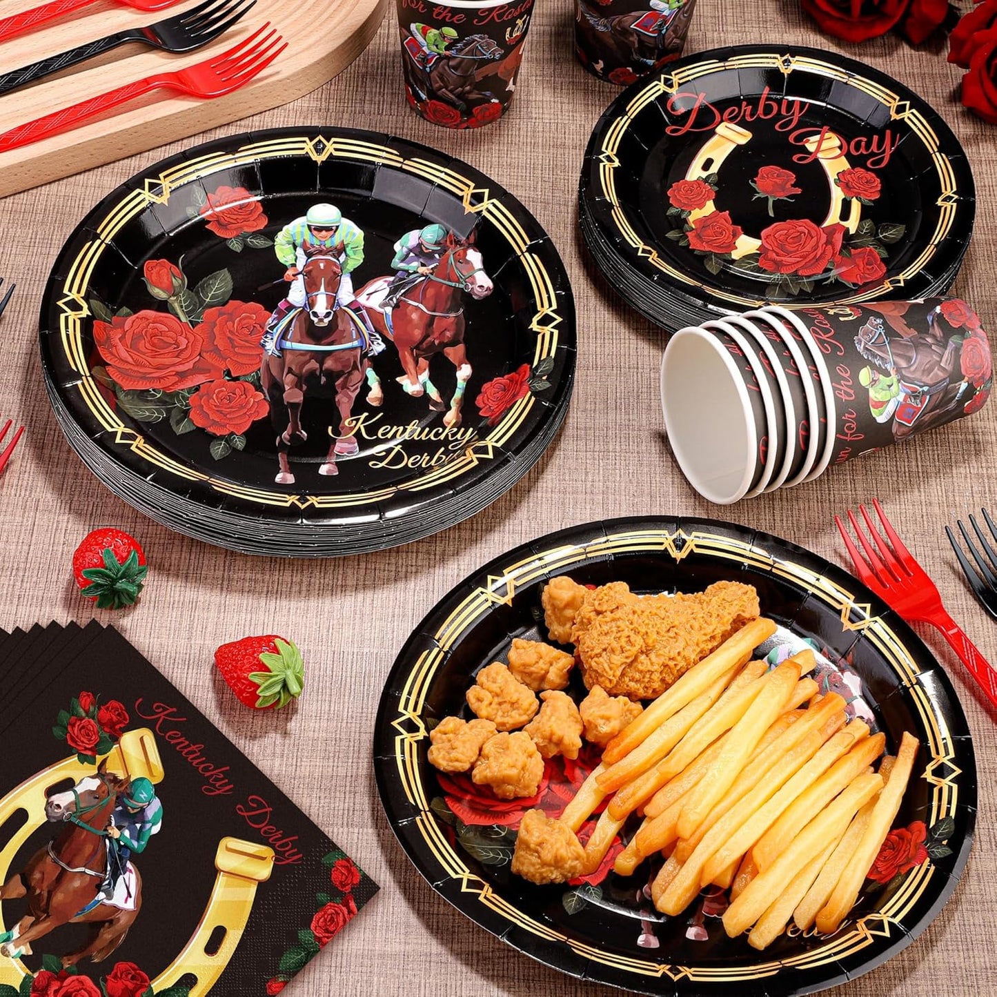 144 Pieces Horse Racing Party Tableware Sets Including Disposable Plates Napkins Cups Forks Serves 24 for Birthday Horse Theme Party Supplies