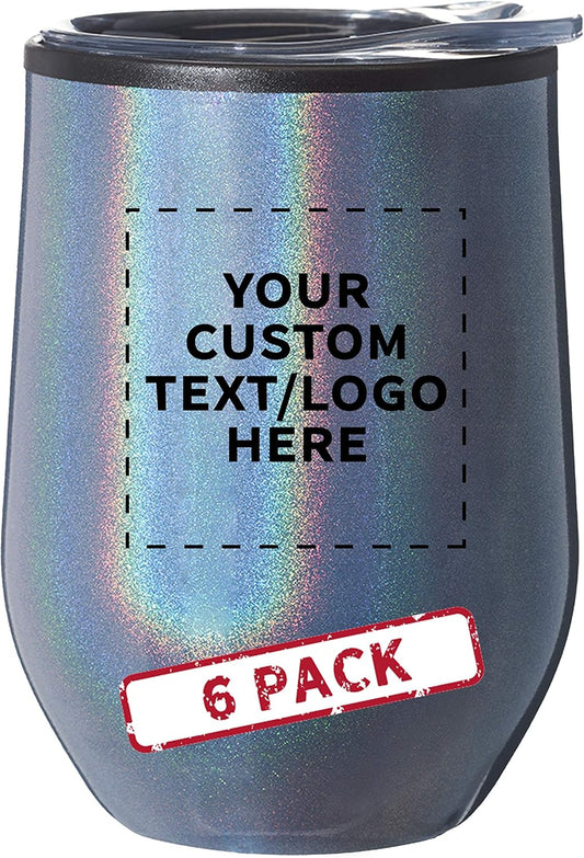 Custom Palmera Stemless Wine Tumblers with Lids 12 oz. Set of 6, Personalized Bulk Pack - Perfect for Wine, Cocktails, Other Hot & Cold Beverages - Iridescent Blue