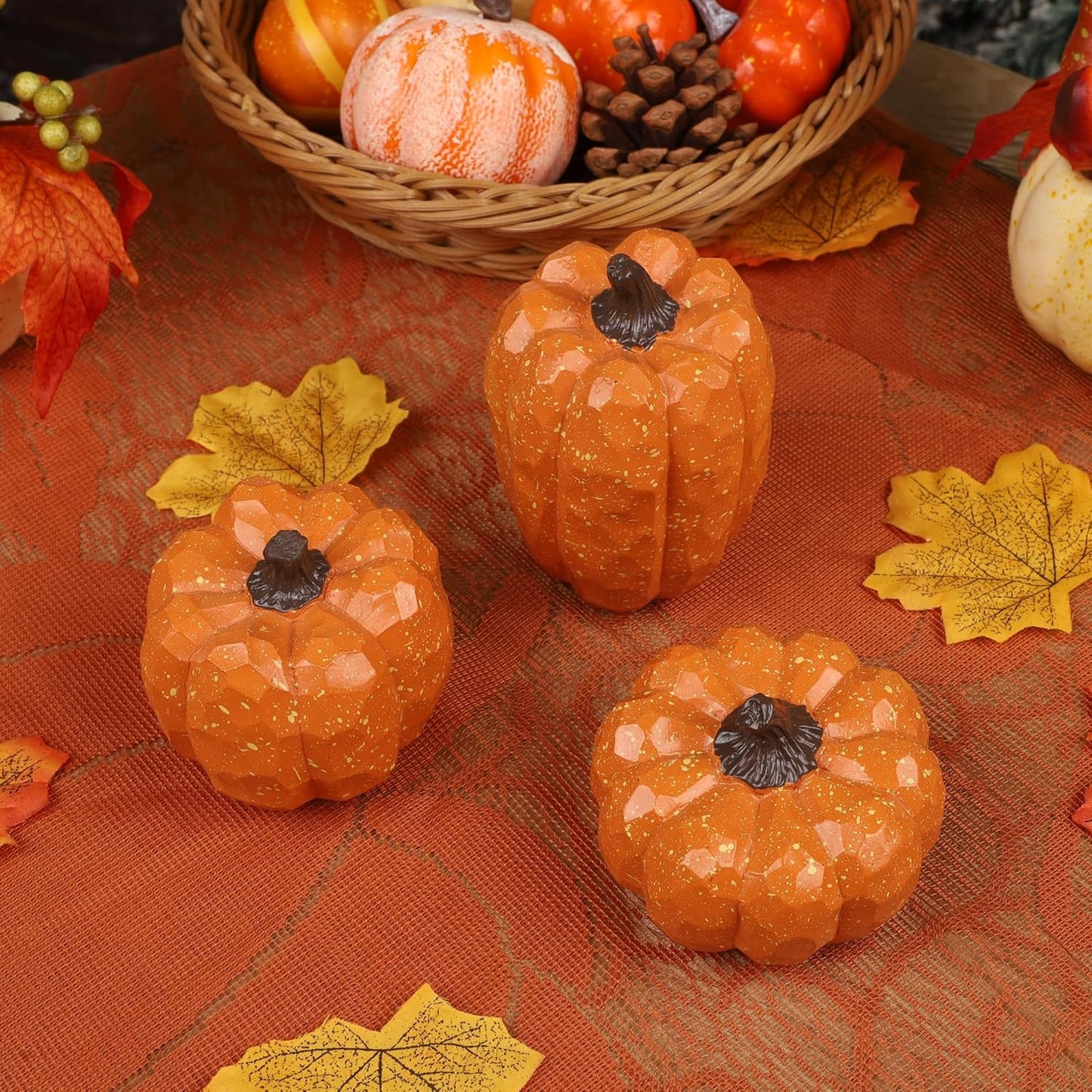 winemana Pumpkins Fall Decor Set of 3 - Artificial Resin Thanksgiving Table Centerpiece for Home Mantel Porch Office & Farmhouse, Decorative Elegant Pumpkin Autumn Harvest Decorations (Orange)
