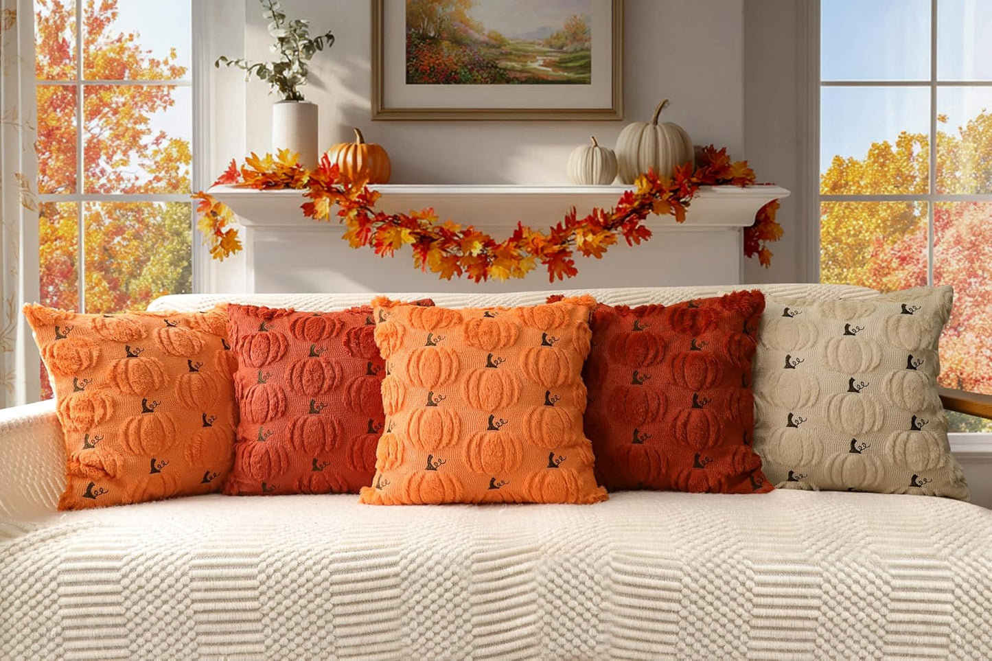 4TH Emotion Fall Pumpkin Decorative Pillow Covers 18x18 Set of 2, Beige Soft Plush Faux Fur Wool Farmhouse Throw Cushion Cases for Autumn Thanksgiving Holiday Home Decorations