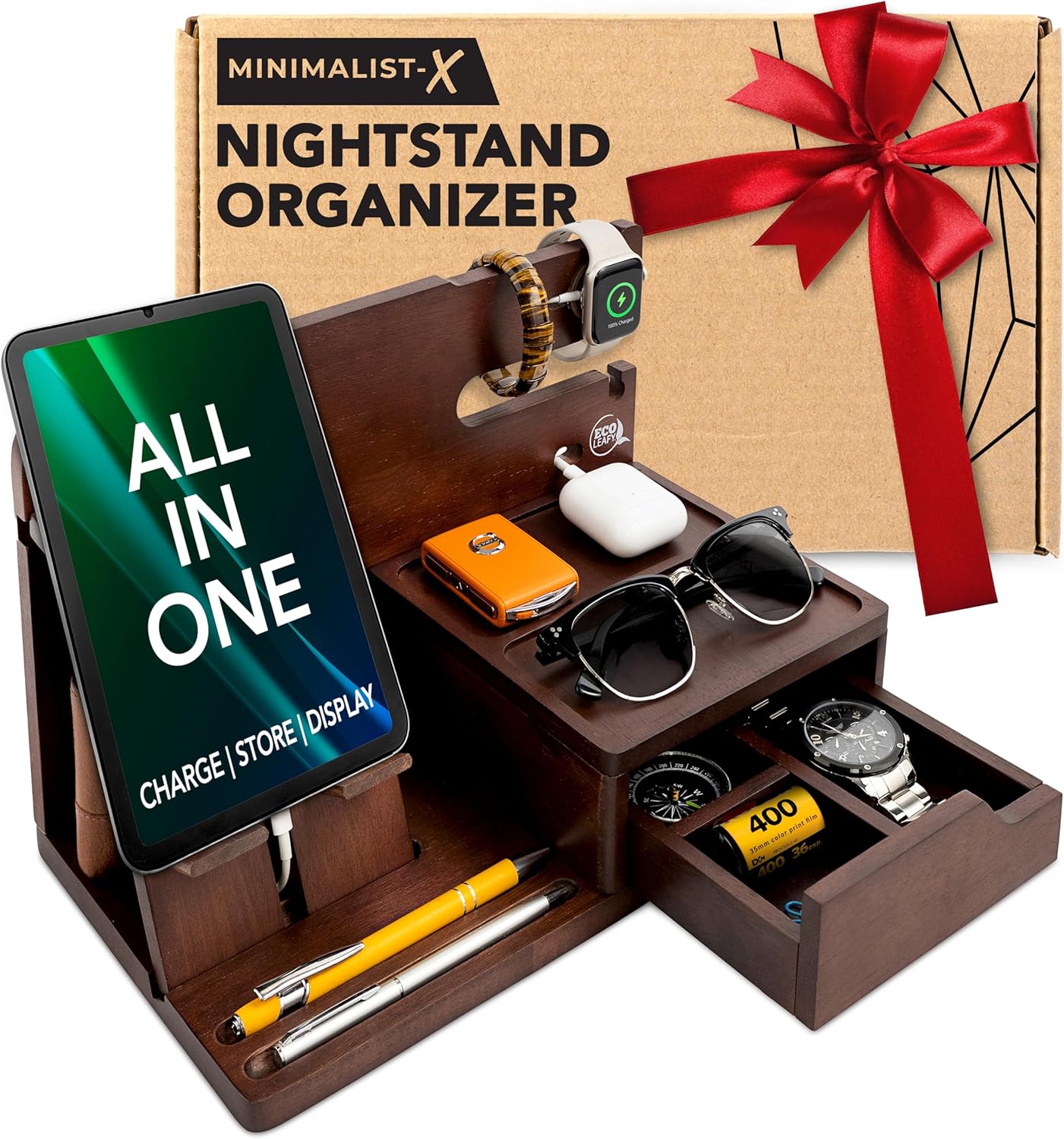 Nightstand Organizer - Bedside Docking Station for Men -Unique Gifts for Husband, Father or Dad from Wife, Son or Daughter -Desk Organizer for Phone, Watches, Wallet & Accessories (Brown)