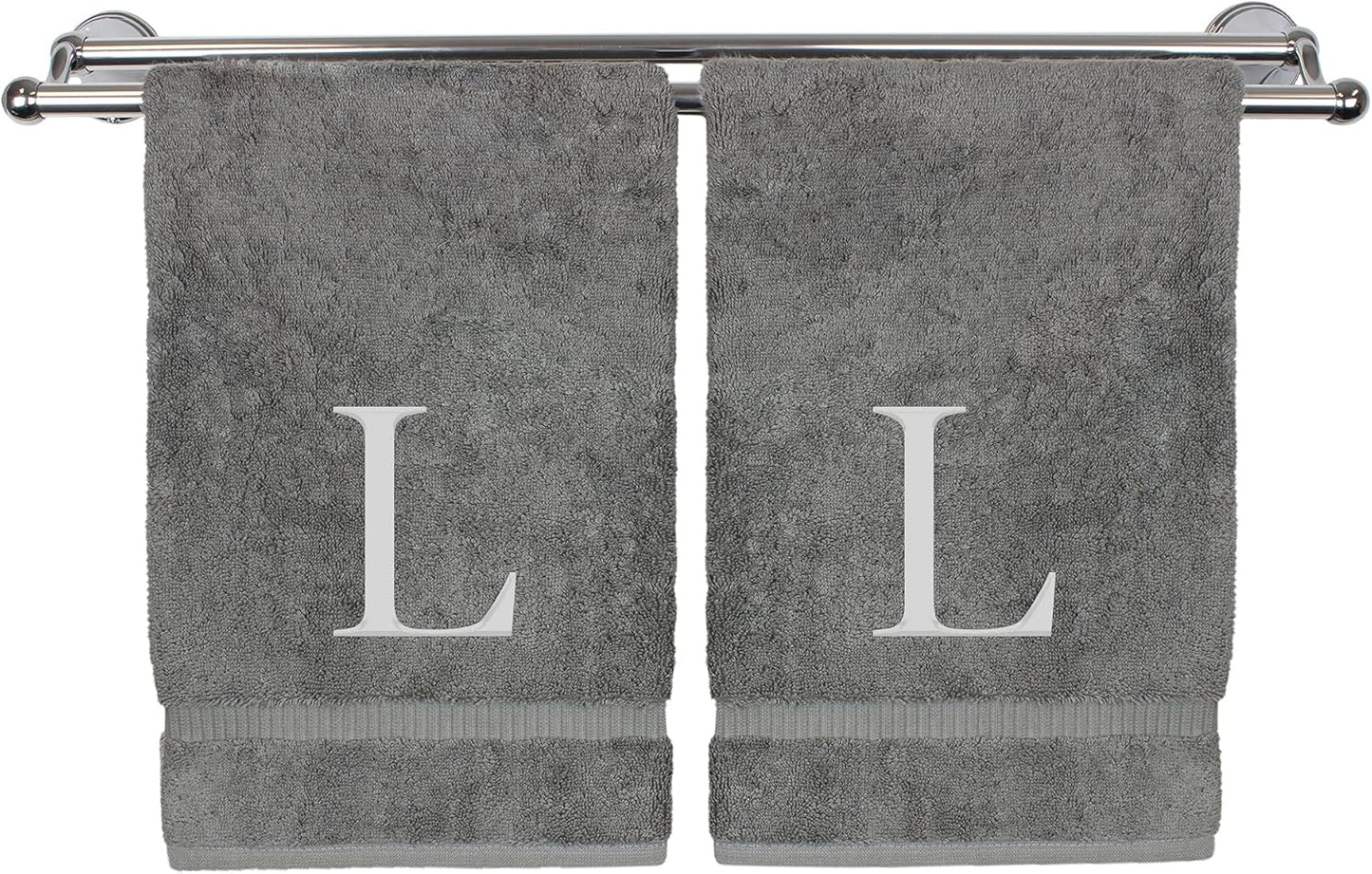 Monogrammed Hand Towel, Personalized Gift, Set of 2- Silver Block Letter Embroidered Towel - Extra Absorbent 100% Turkish Cotton - Soft Terry Finish - Initial L Gray