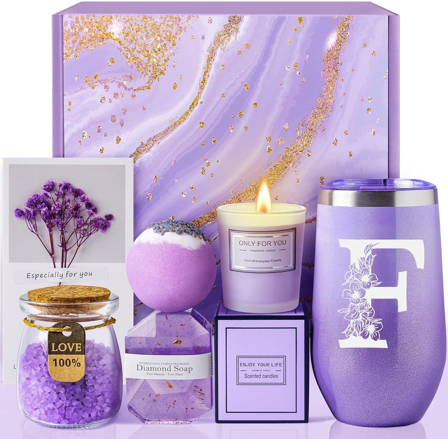 Gifts for Women, Self Care Gifts, Thinking of You, Get Well Soon Care Package with 20 oz Initial Tumbler, Unique Christmas Birthday Mothers Day Spa Gift Box Basket for Her Sister Best Friend Mom (F)