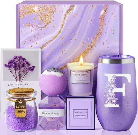 Gifts for Women, Self Care Gifts, Thinking of You, Get Well Soon Care Package with 20 oz Initial Tumbler, Unique Christmas Birthday Mothers Day Spa Gift Box Basket for Her Sister Best Friend Mom (F)