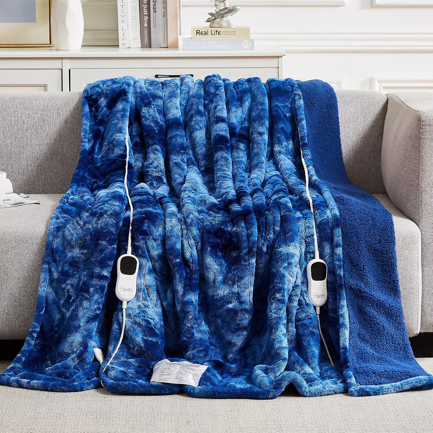 Homemate Electric Heated Blanket Queen Size - 84"x90" Heating Blanket Queen Size Dual Control 1/2/4/6/8 Hours Auto-Off 10 Heat Level Over-Heat Protection Luxury Faux Fur Sherpa ETL Certification