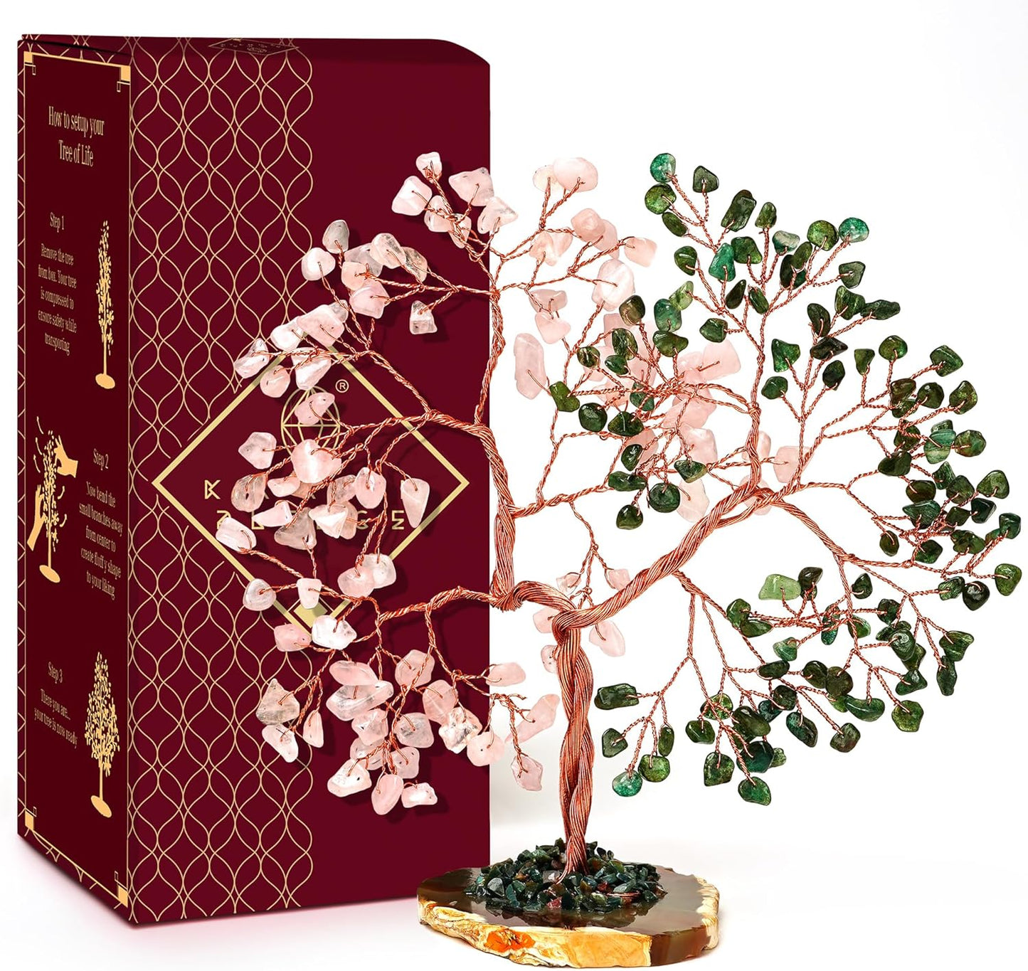 Crystal Tree for Women Office Decor, Handmade Green Aventurine & Rose Quartz Healing Stones Tree of Life for Positive Energy, Money, Good Luck, Feng Shui Home Decor, Spiritual Gifts for Women