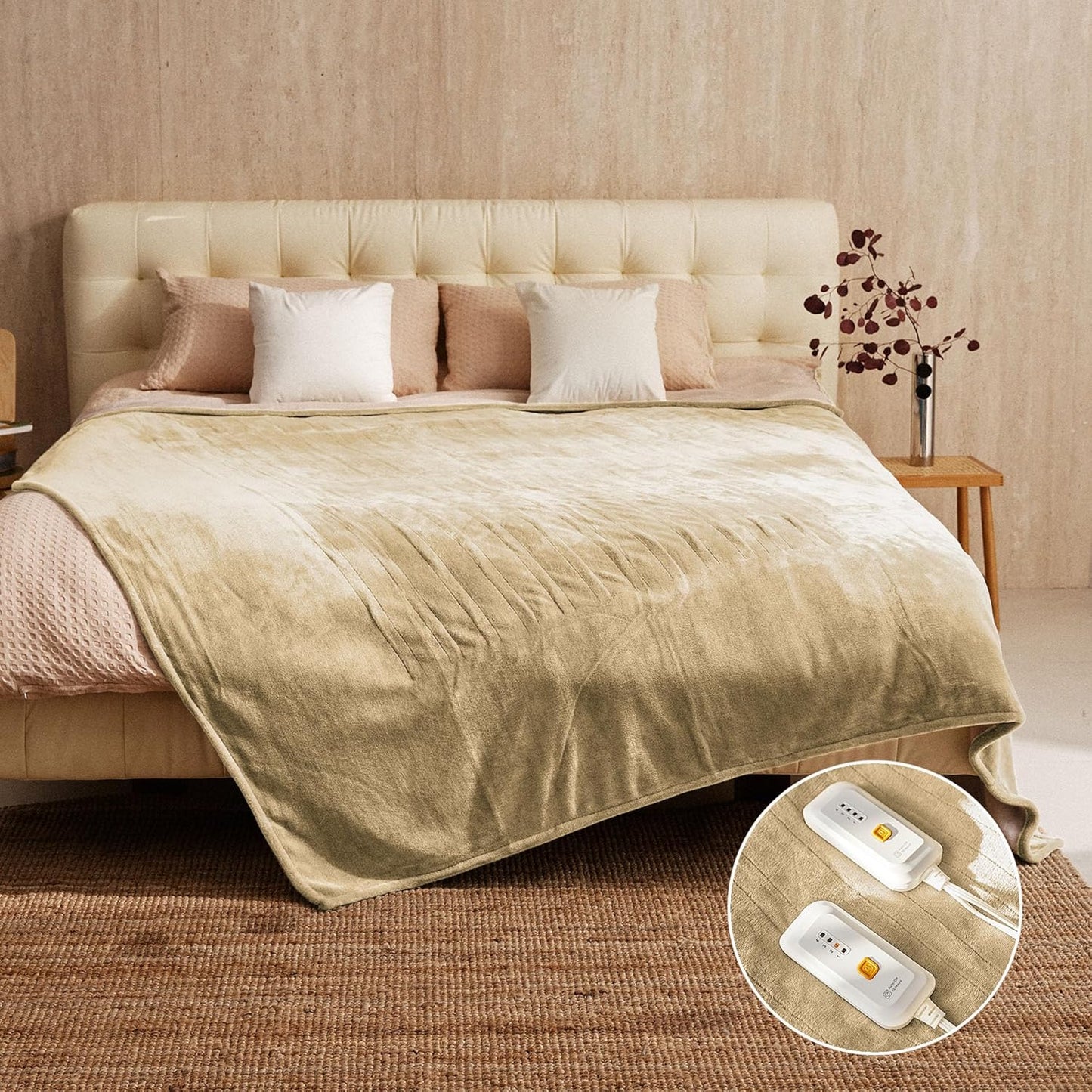 JET'S HOME Heated Blanket Queen 84"x90" - ETL&FCC Certified Flannel Electric Blanket Machine Washable Heating Throw with 4 Heating Levels 10 Hours Auto-Off Overheating Protection (Camel)