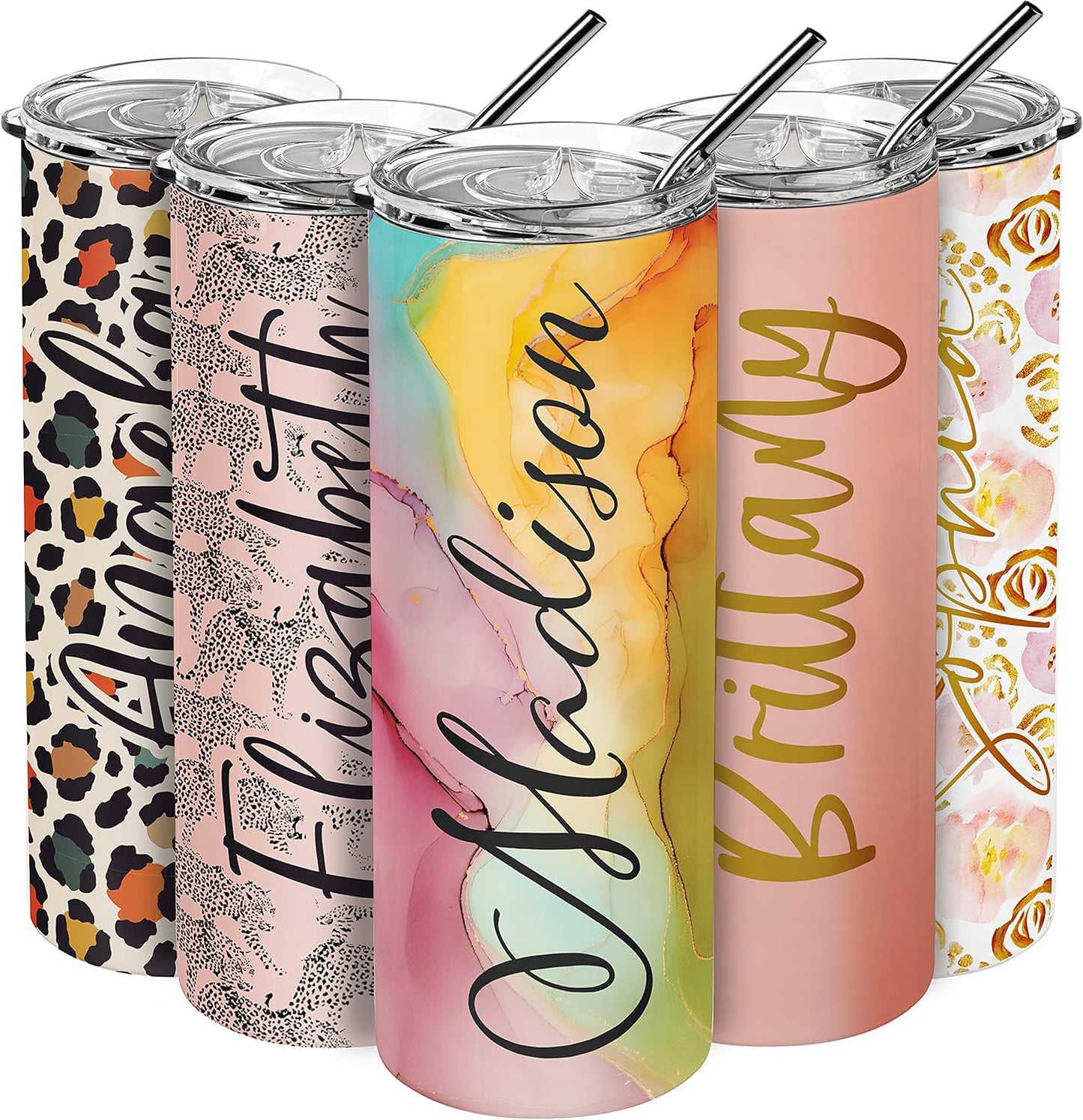 Set of 4, Personalized Skinny Tumbler with Lid & Straw, 20 Oz with Custom Text, 21 Color Styles, 10 Fonts - Best Friend Birthday Gifts for Women, Summer Gifts for Women