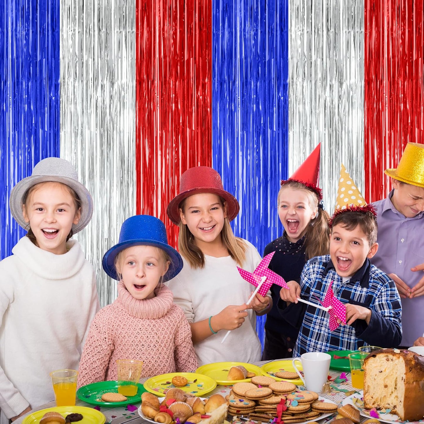 12 Pack 4th of July Decorations, 3.28 FT x 7.05 FT Patriotic Tinsel Backdrop, Metallic Blue Silver Red Fringe Curtains Party Streamer Foil Backdrop, Independence Day Party Supplies Patriotic Decor