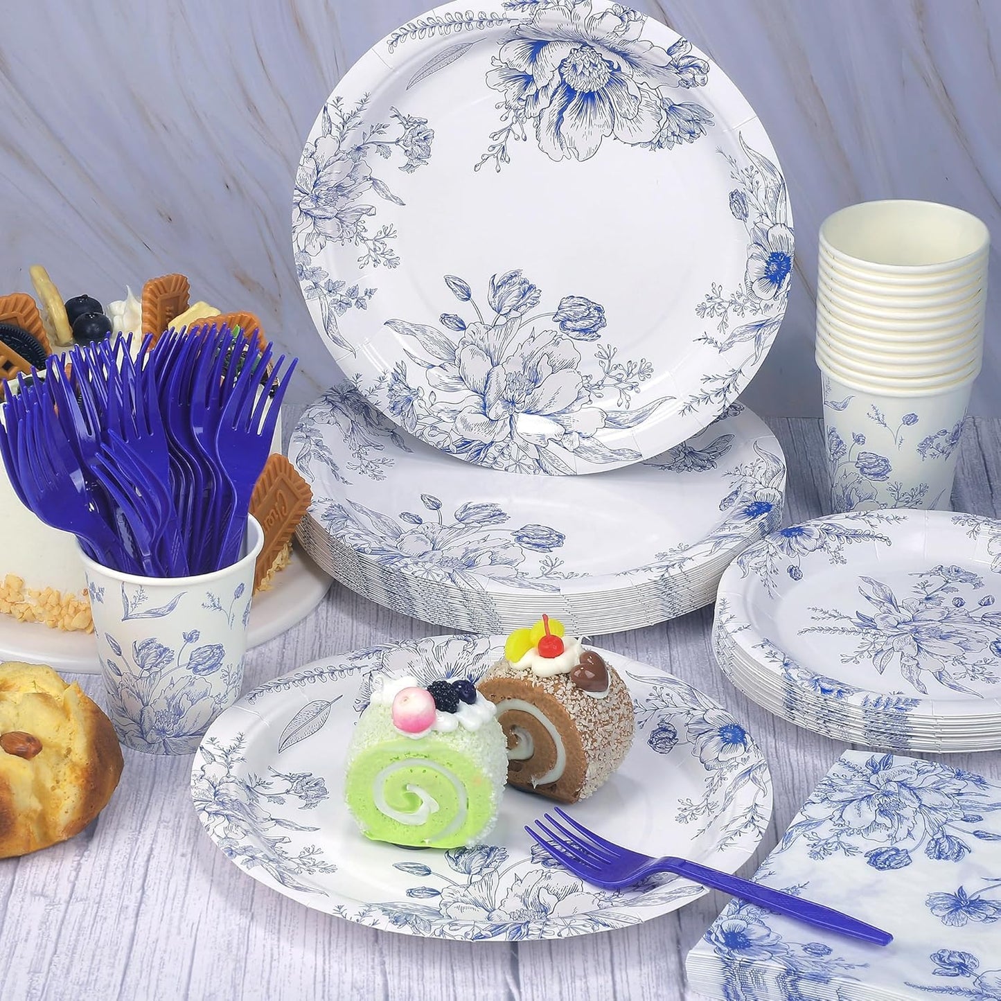 144 Pieces Blue and White Flower Print Party Tableware Sets Including Disposable Plates Napkins Cups Forks Serves 24 for Wedding Birthday Baby Shower Party Supplies