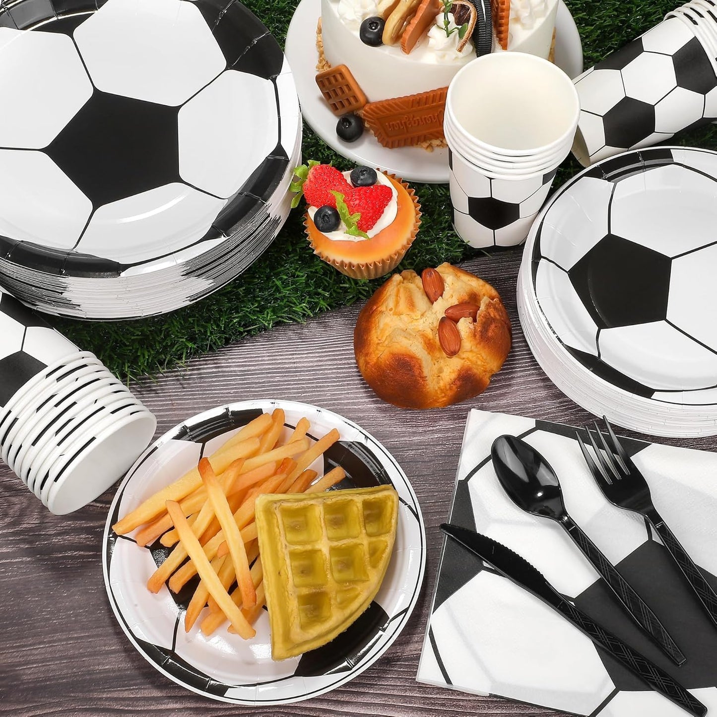 400 Pieces Soccer Disposable Party Tableware Sets Including Plates Cups Napkins Cutlery Serves 50 for Soccer Games Sports Birthday Party Decorations