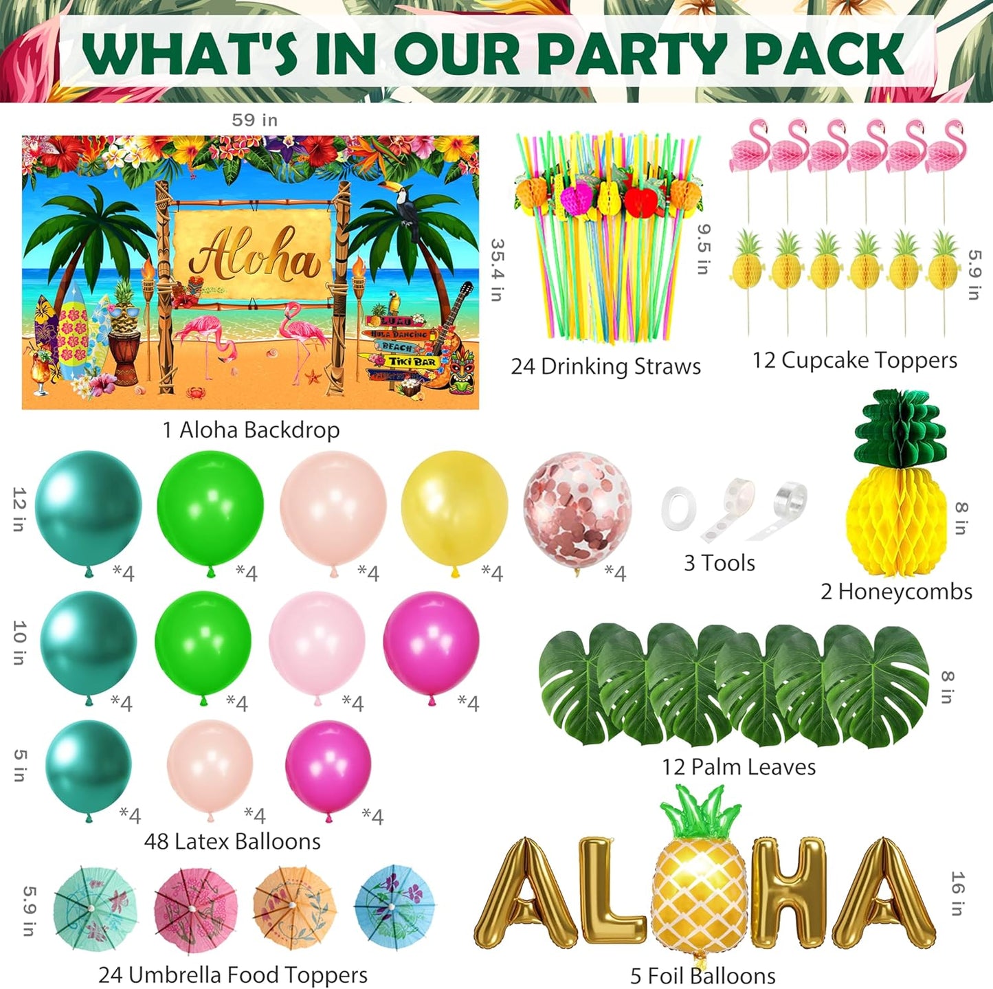 Luau Birthday Party Decorations 321Pcs Hawaiian Tropical Aloha Party Supplies for Summer Beach Holiday Disposable Dinnerware Set (24 Guest) Table Skirt Straws Backdrop Banner Balloon Garland Kit
