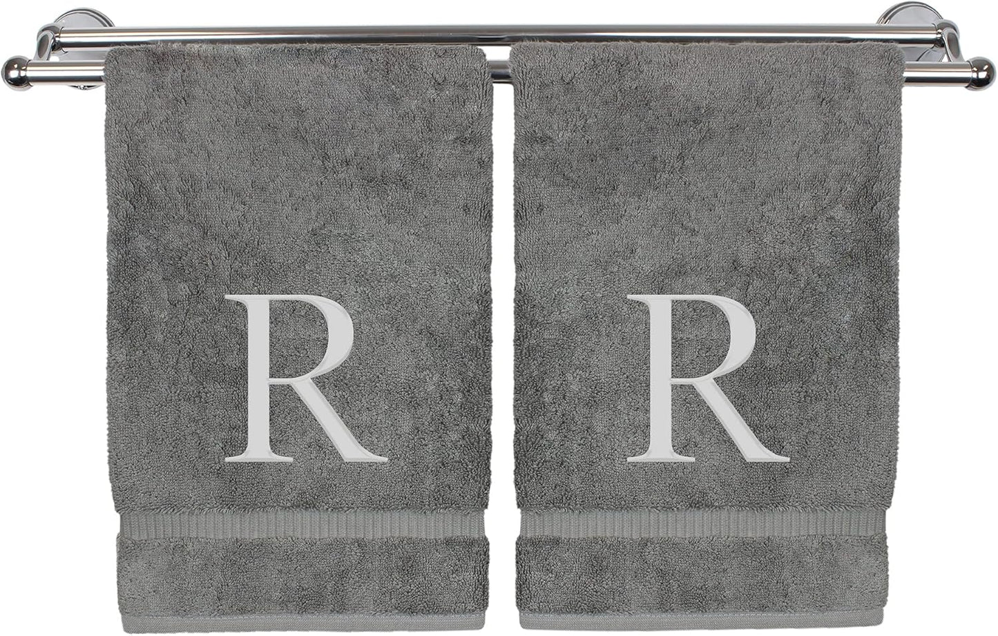 Monogrammed Hand Towel, Personalized Gift, Set of 2- Silver Block Letter Embroidered Towel - Extra Absorbent 100% Turkish Cotton - Soft Terry Finish - Initial R Gray