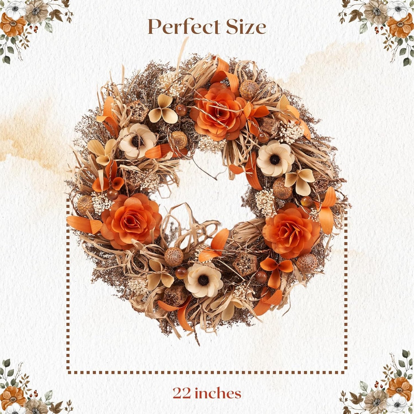 22" Fall Harvest Wood Curl Floral Wreath - Premium Handcraft Fall Wreaths for Front Door | Perfect for Autumn & Thanksgiving Decor