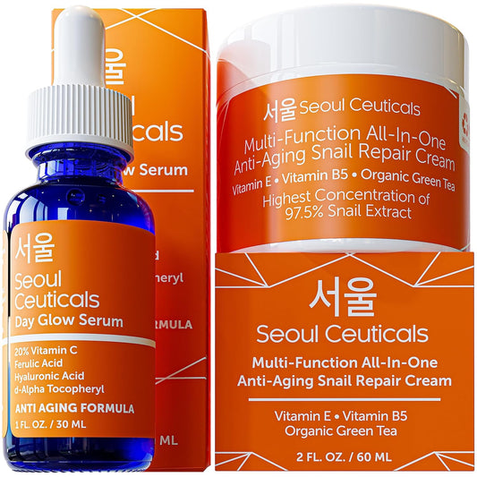 Korean Skin Care Set - Potent Vitamin C Serum with Korean Snail Repair Cream - The Most Potent Duo For Providing You With That Bright, Youthful Glow. Your Natural & Organic Korean Beauty Routine