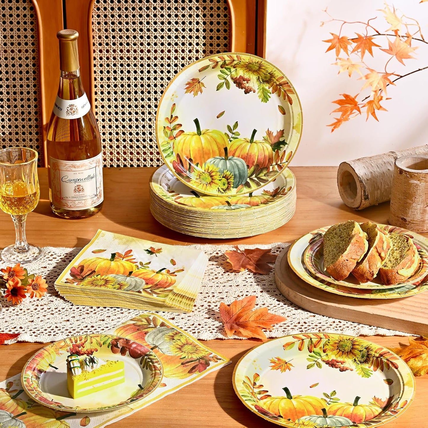 Homlouue 200 PCS Fall Paper Plates and Napkins, Thanksgiving Paper Plates and Napkins Sets, Pumpkin Plate for Fall Dinner Autumn Harvest Party Supplies, Thanksgiving Dessert Plate for Home Decorations