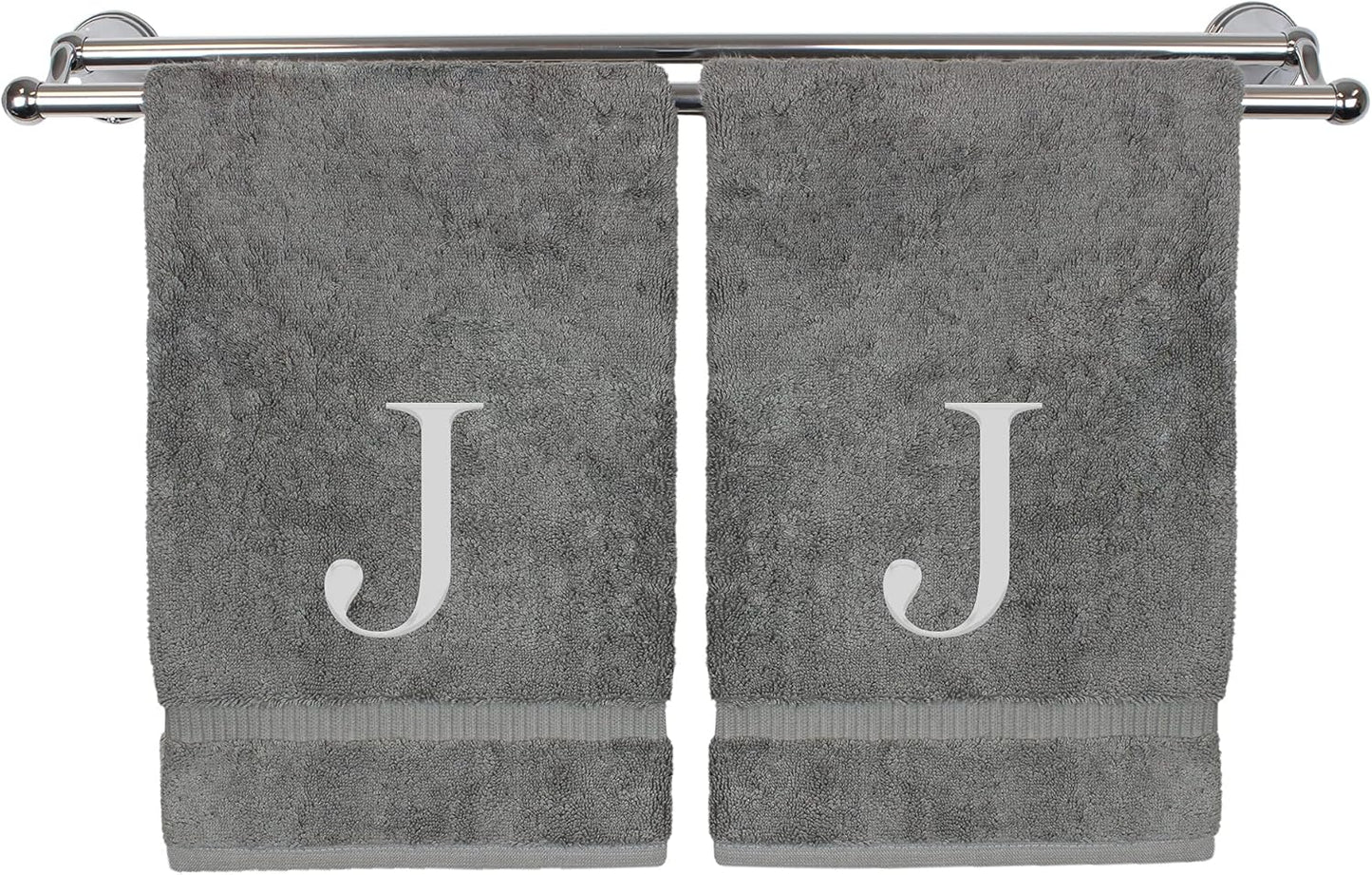 Monogrammed Hand Towel, Personalized Gift, Set of 2- Silver Block Letter Embroidered Towel - Extra Absorbent 100% Turkish Cotton - Soft Terry Finish - Initial J Gray