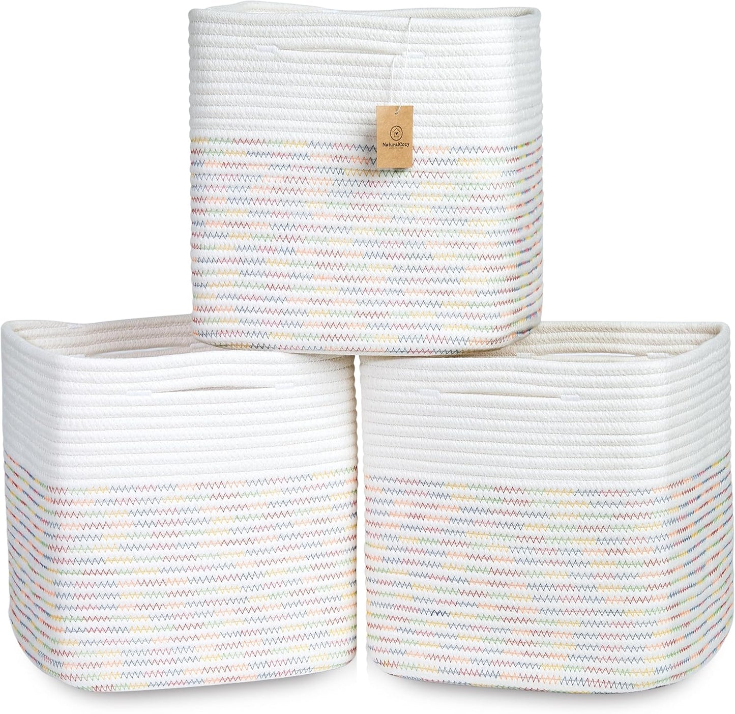 NaturalCozy 13 Inch Cube Storage Bins Cotton Rope Woven Baskets for Organizing 3-Pack | 13 x 13 Storage Cubes | Fabric Square Storage Baskets for Shelves Organizer, Kids Toy Bins, Closet Baby Nursery