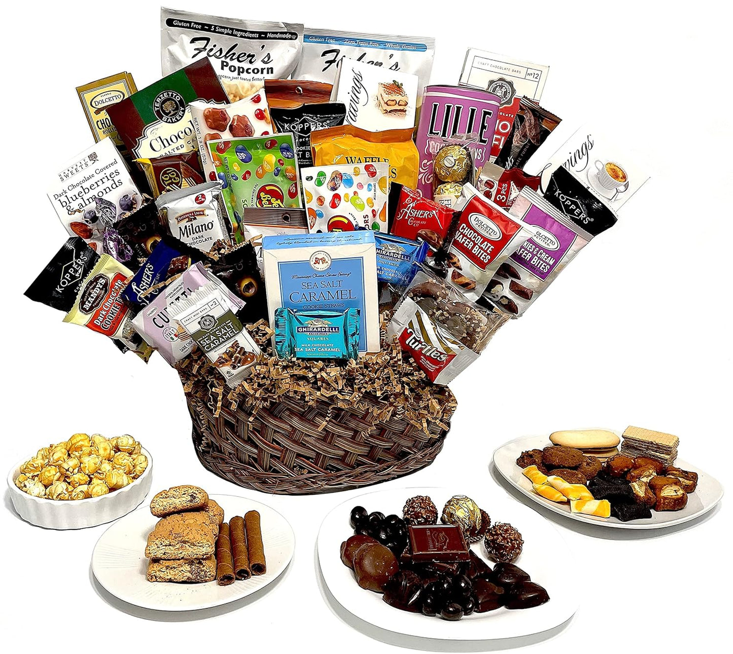 Gift Basket stuffed with chocolates, cookies, snacks, and candy hand-crafted tasty treats selected for woman, men, kids, holiday, businesses, clients, employees, sympathy, and thank you!