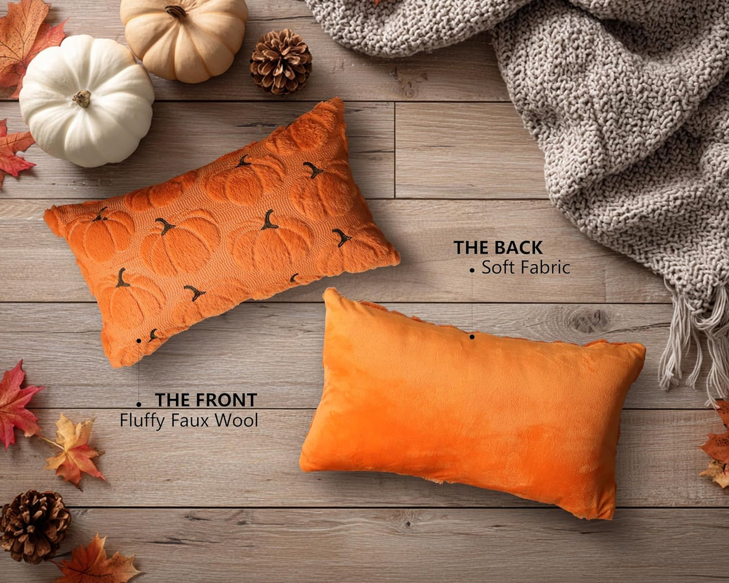 4TH Emotion Fall Pumpkins Decorative Lumbar Pillow Covers 12x20 Set of 2, Orange Soft Plush Faux Fur Wool Farmhouse Throw Cushion Cases for Autumn Thanksgiving Holiday Home Decorations