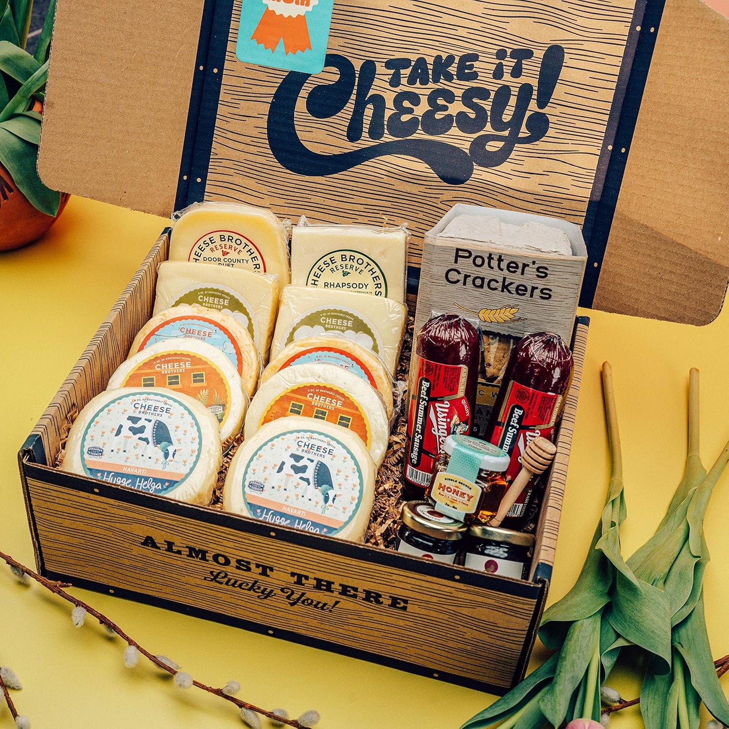 Cheese Bros Deluxe "World's Cheesiest Mom" Charcuterie Gift Box | Fresh from Wisconsin | Includes Mozzarella, Goudas, Jams, Summer Sausage, Honey, Crackers | Great for Birthday, Mother's Day