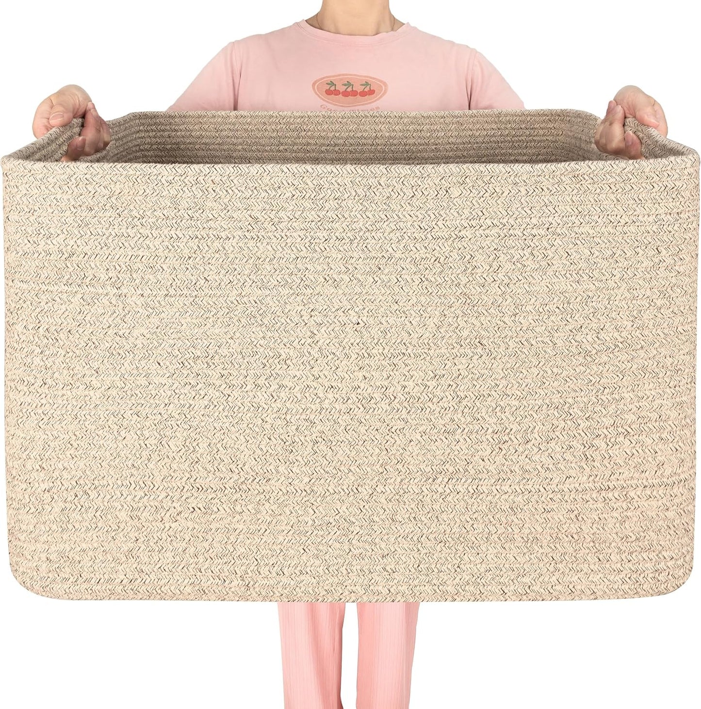 MINTWOOD Design 112L Extra Large Blanket Basket Holder Living Room, 25"x17"x16" Rectangle Rope Woven Storage Basket with Handles for Laundry, Towels, Shoes, Dog Toy Organizer Bin Box, Oatmeal Brown