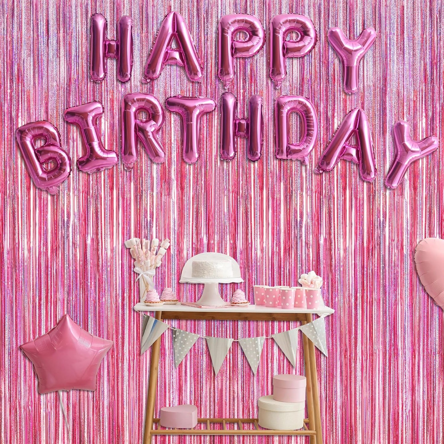 2 Pack Glitter Pink Backdrop, 3.28 FT x 7.05 FT Birthday Party Decorations, Laser Pink Fringe Curtains Foil Streamer Tinsel, Pink Curtains Photo Backdrop Happy Birthday Backdrop