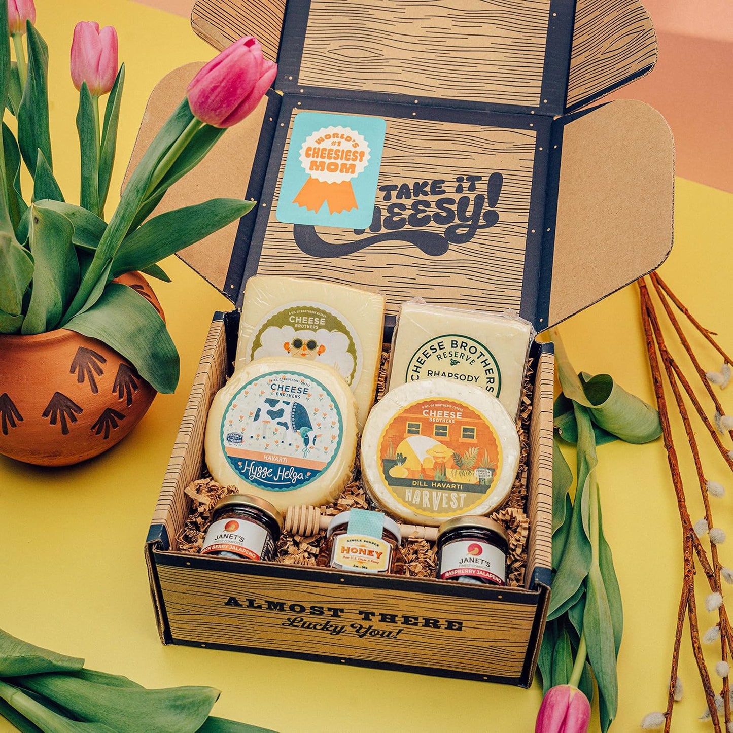 Cheese Bros. "World's Cheesiest Mom" Gift Box | Fresh from Wisconsin | Includes Mozzarella, Fontina, Dill Havarti, Havarti, Jam and Honey | Unique Birthday and Mother's Day Gifting Idea