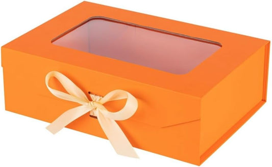 Orange Gift Box for Presents with Ribbon 10.8x7.5x3.5 Inches Clear Gift Box with Window Magnetic Closure Gift Boxes with Lids