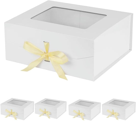 5 Pcs White Gift Box for Presents with Ribbon 13.2x11x5.3 Inches Clear Gift Box with Window Magnetic Closure Gift Boxes with Lids