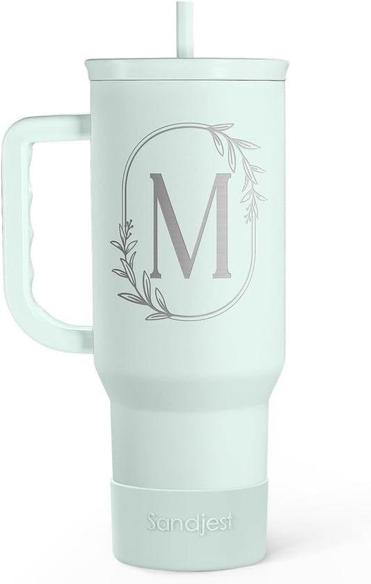Personalized Monogrammed Tumbler with Handle 40oz, Letter M Tumblers Insulated Coffee Travel Cup, Custom Initial Gift for Women Girls Friends, Monogram Gift for Christmas Birthday Mothers Day