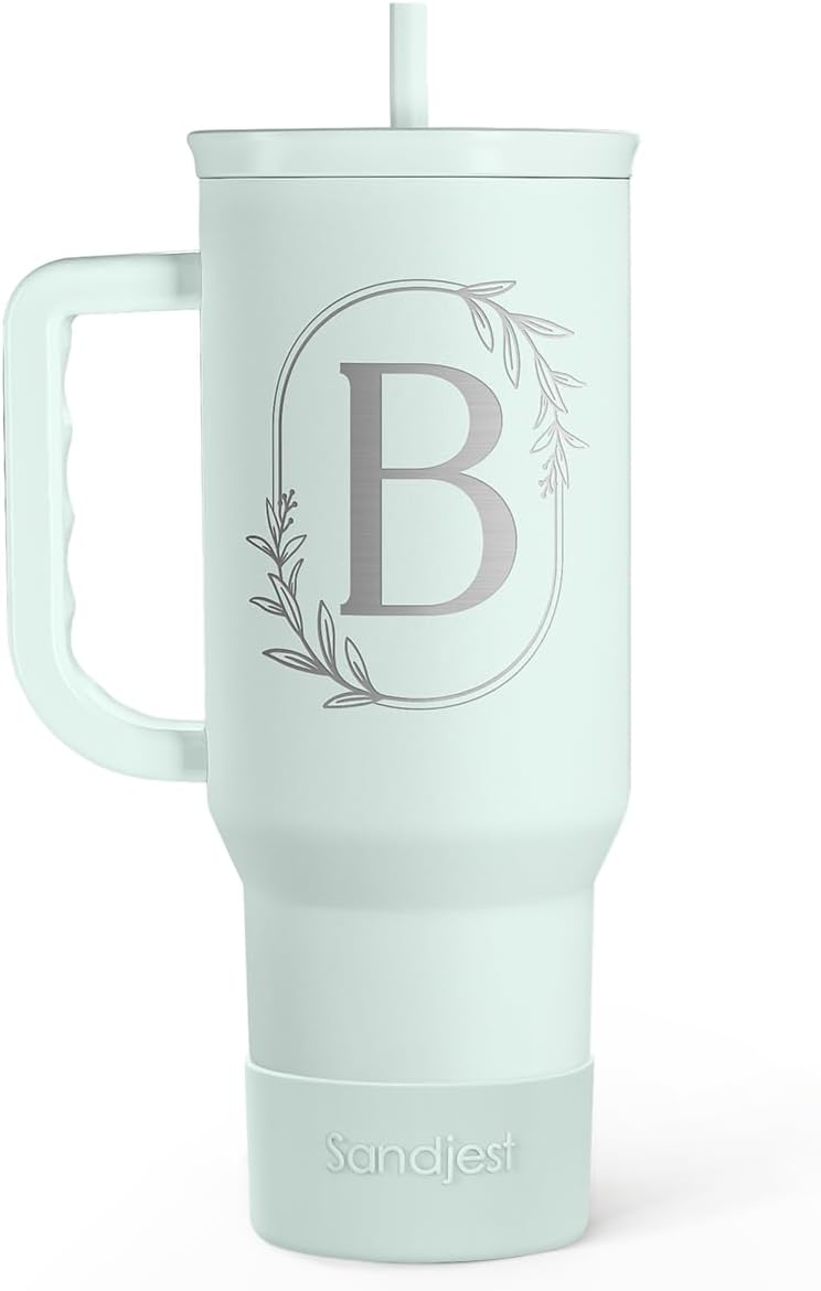 Personalized Monogrammed Tumbler with Handle 40oz, Letter B Tumblers Insulated Coffee Travel Cup, Custom Initial Gift for Women Girls Friends, Monogram Gift for Christmas Birthday Mothers Day
