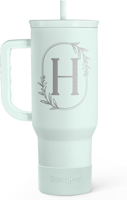 Personalized Monogrammed Tumbler with Handle 40oz, Letter H Tumblers Insulated Coffee Travel Cup, Custom Initial Gift for Women Girls Friends, Monogram Gift for Christmas Birthday Mothers Day