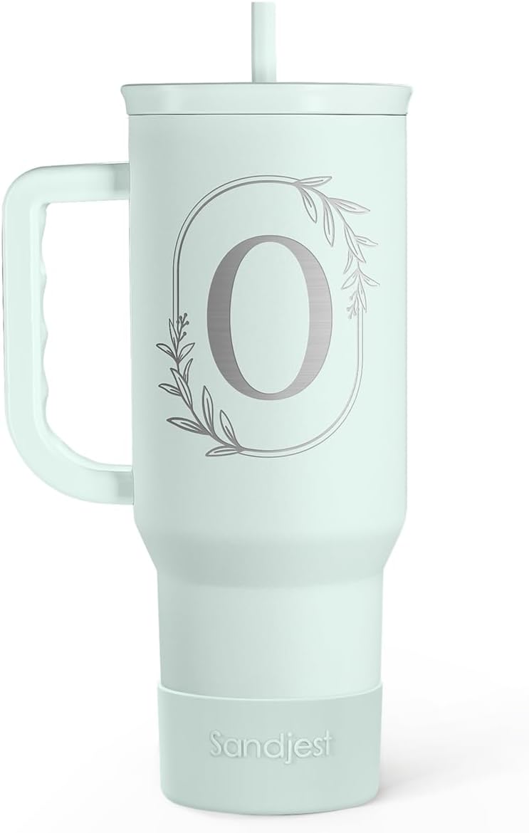 Personalized Monogrammed Tumbler with Handle 40oz, Letter O Tumblers Insulated Coffee Travel Cup, Custom Initial Gift for Women Girls Friends, Monogram Gift for Christmas Birthday Mothers Day