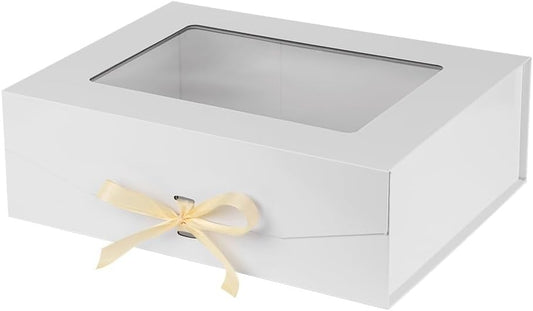 White Extra Large Gift Box for Presents with Ribbon 16.5x13x5.3 Inches Clear Gift Box with Window Magnetic Closure Gift Boxes with Lids