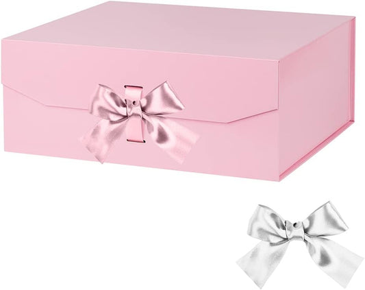 Pink Collapsible Rectangle Gift Box - 13x11x5.3 Inches, Magnetic Lid Closure, Ribbon, Perfect for Men's Shoes or Christmas Gifts