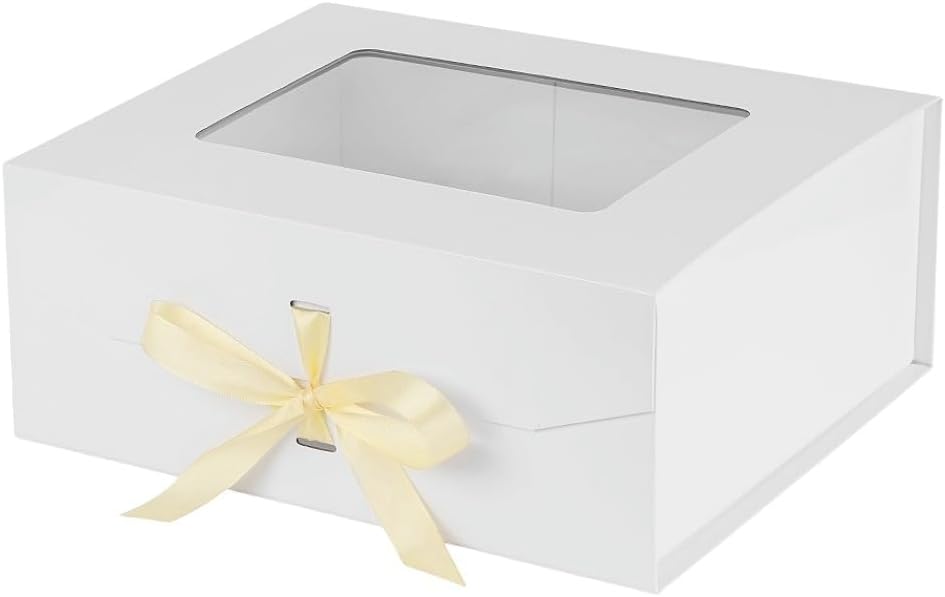 White Gift Box for Presents with Ribbon 13.2x11x5.3 Inches Clear Gift Box with Window Magnetic Closure Gift Boxes with Lids