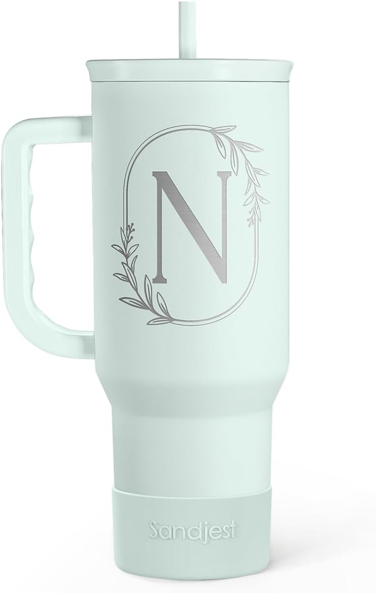 Personalized Monogrammed Tumbler with Handle 40oz, Letter N Tumblers Insulated Coffee Travel Cup, Custom Initial Gift for Women Girls Friends, Monogram Gift for Christmas Birthday Mothers Day
