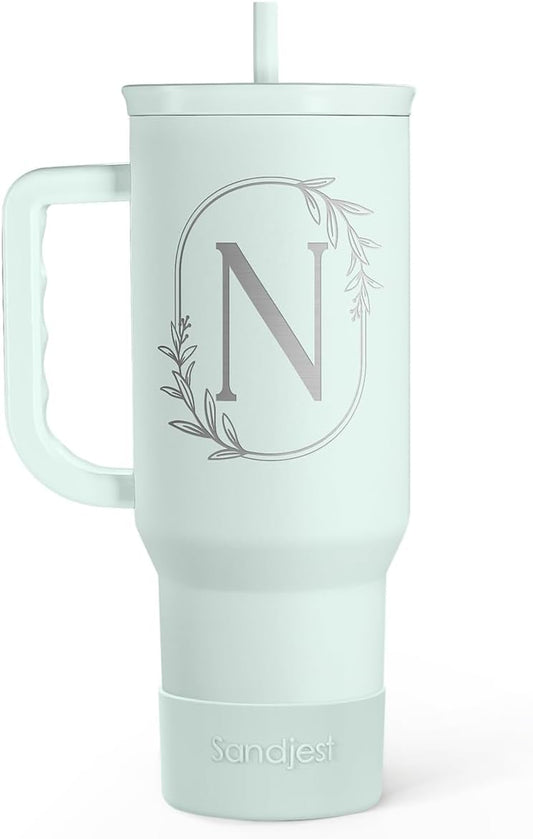 Personalized Monogrammed Tumbler with Handle 40oz, Letter N Tumblers Insulated Coffee Travel Cup, Custom Initial Gift for Women Girls Friends, Monogram Gift for Christmas Birthday Mothers Day
