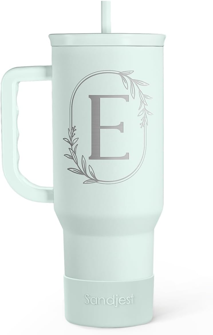 Personalized Monogrammed Tumbler with Handle 40oz, Letter E Tumblers Insulated Coffee Travel Cup, Custom Initial Gift for Women Girls Friends, Monogram Gift for Christmas Birthday Mothers Day