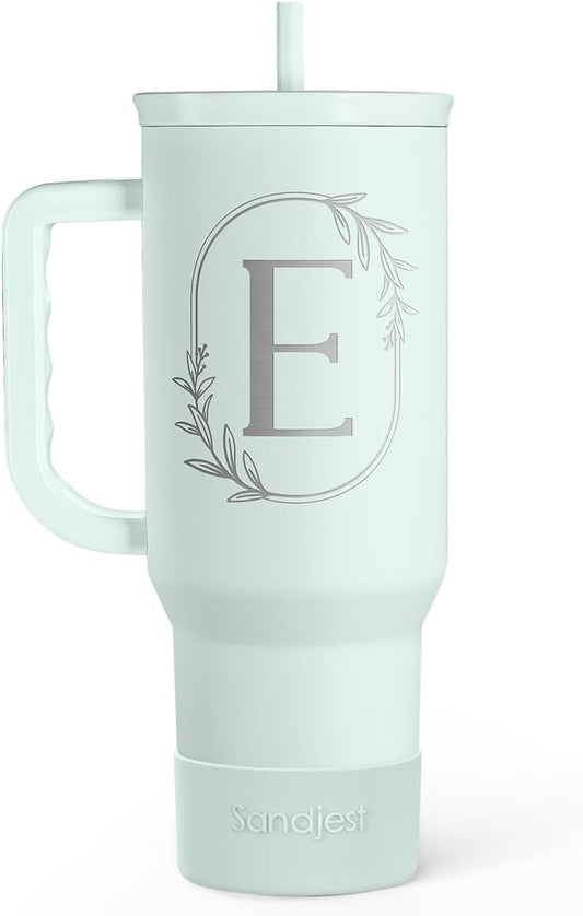 Personalized Monogrammed Tumbler with Handle 40oz, Letter E Tumblers Insulated Coffee Travel Cup, Custom Initial Gift for Women Girls Friends, Monogram Gift for Christmas Birthday Mothers Day