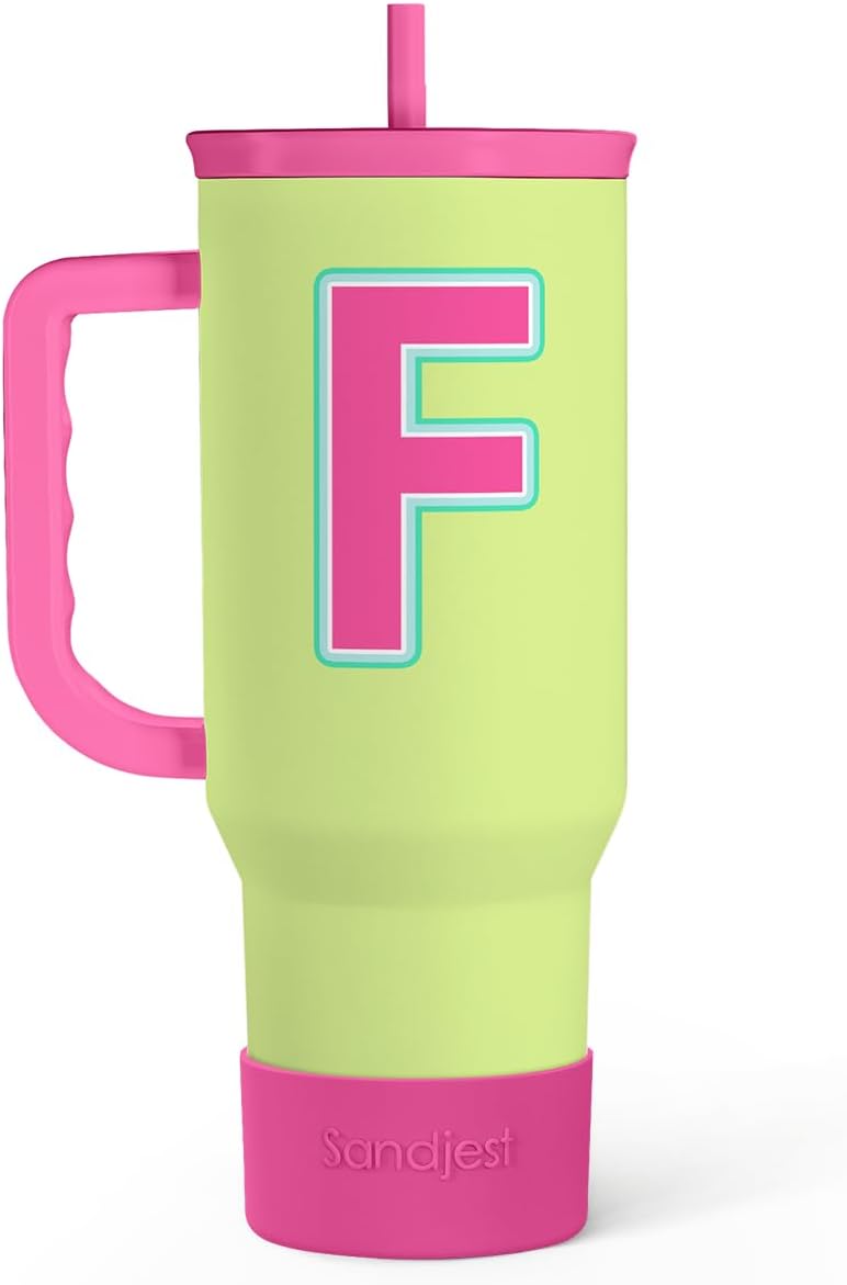 SANDJEST Monogrammed Tumbler with Handle 40oz, Letter F Tumblers Coffee Travel Cup with Straw, Personalized Monogram Initial Gifts for Women Girls, Customized Gifts for Christmas Birthday Mothers Day