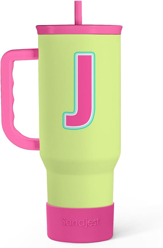 SANDJEST Monogrammed Tumbler with Handle 40oz, Letter J Tumblers Coffee Travel Cup with Straw, Personalized Monogram Initial Gifts for Women Girls, Customized Gifts for Christmas Birthday Mothers Day