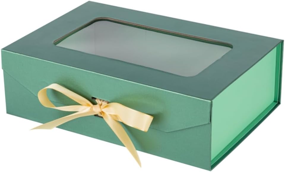 Green Gift Box for Presents with Ribbon 10.8x7.5x3.5 Inches Clear Gift Box with Window Magnetic Closure Gift Boxes with Lids