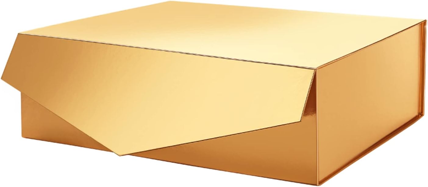 PACKHOME Large Gift Box with Lid 13.5x9x4.1 Inches, Sturdy Collapsible Gift Box with Magnetic Closure (Glossy Gold)