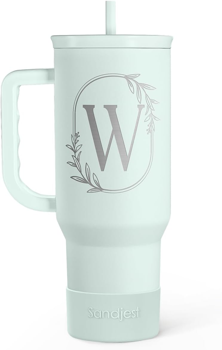Personalized Monogrammed Tumbler with Handle 40oz, Letter W Tumblers Insulated Coffee Travel Cup, Custom Initial Gift for Women Girls Friends, Monogram Gift for Christmas Birthday Mothers Day