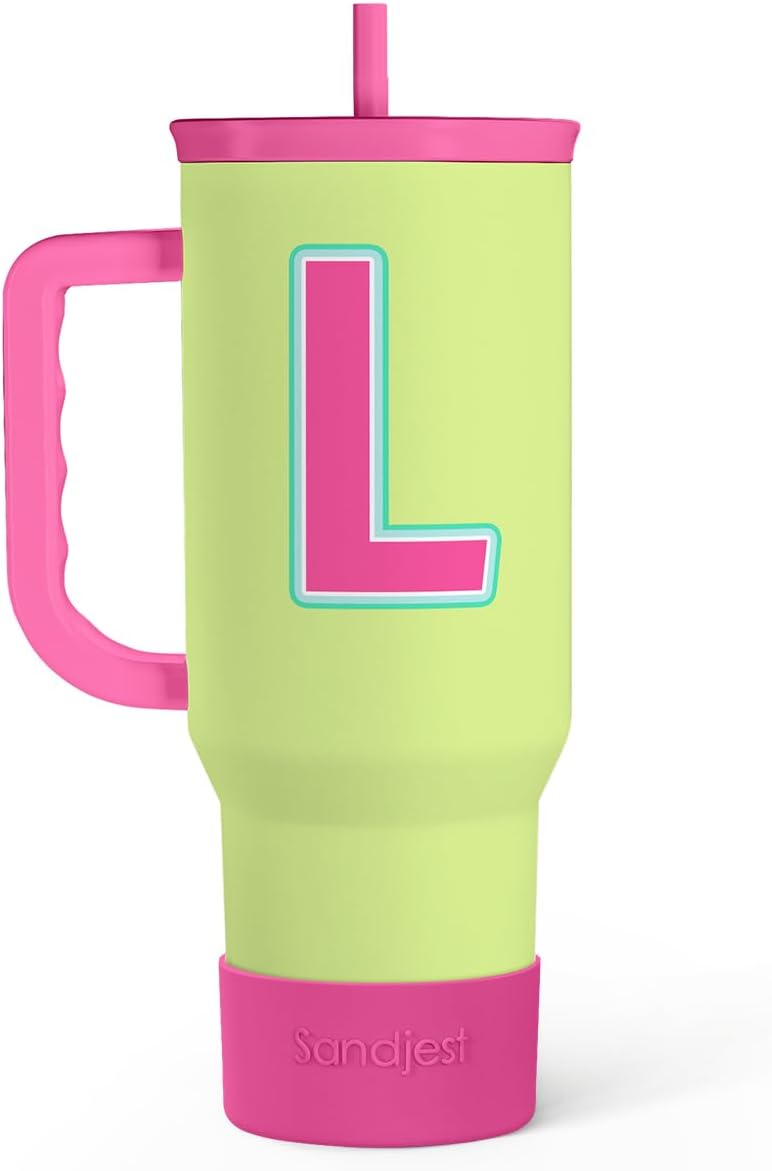 SANDJEST Monogrammed Tumbler with Handle 40oz, Letter L Tumblers Coffee Travel Cup with Straw, Personalized Monogram Initial Gifts for Women Girls, Customized Gifts for Christmas Birthday Mothers Day