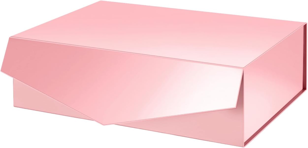 PACKHOME Large Gift Box with Lid 13.5x9x4.1 Inches, Sturdy Collapsible Gift Box with Magnetic Closure (Glossy Pink)