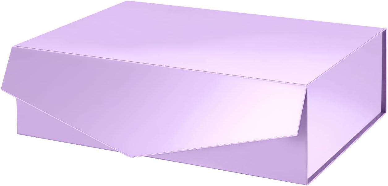 PACKHOME Large Gift Box with Lid 13.5x9x4.1 Inches, Sturdy Collapsible Gift Box with Magnetic Closure (Glossy Light Purple)